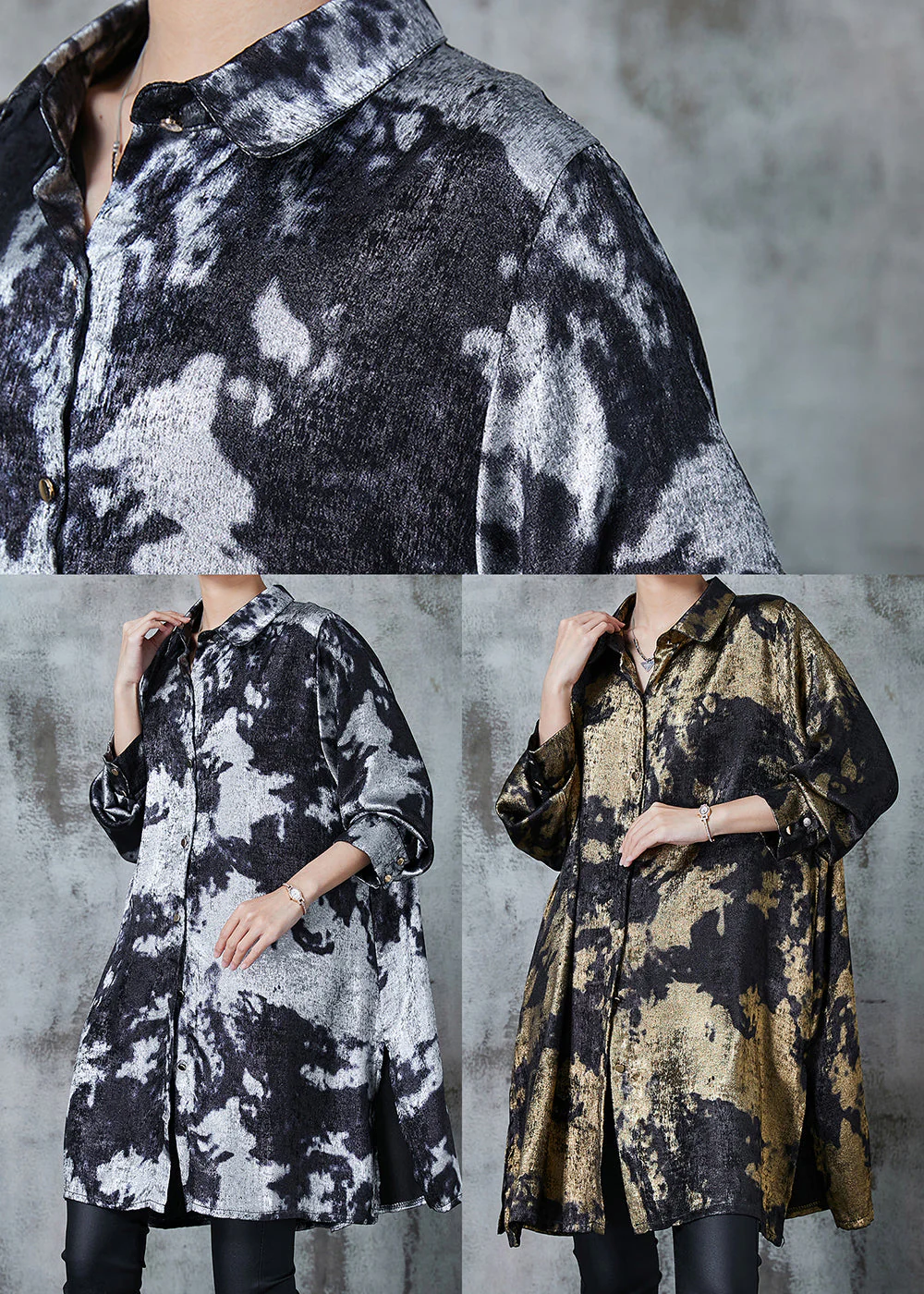 Chic Grey Oversized Tie Dye Silk Printing Shirt Dress Fall - Image 5