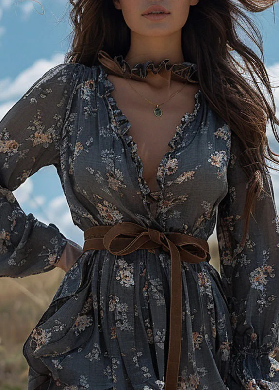 Chic Grey Ruffled Print Patchwork Cotton Mini Dress Long Sleeve - Image 2