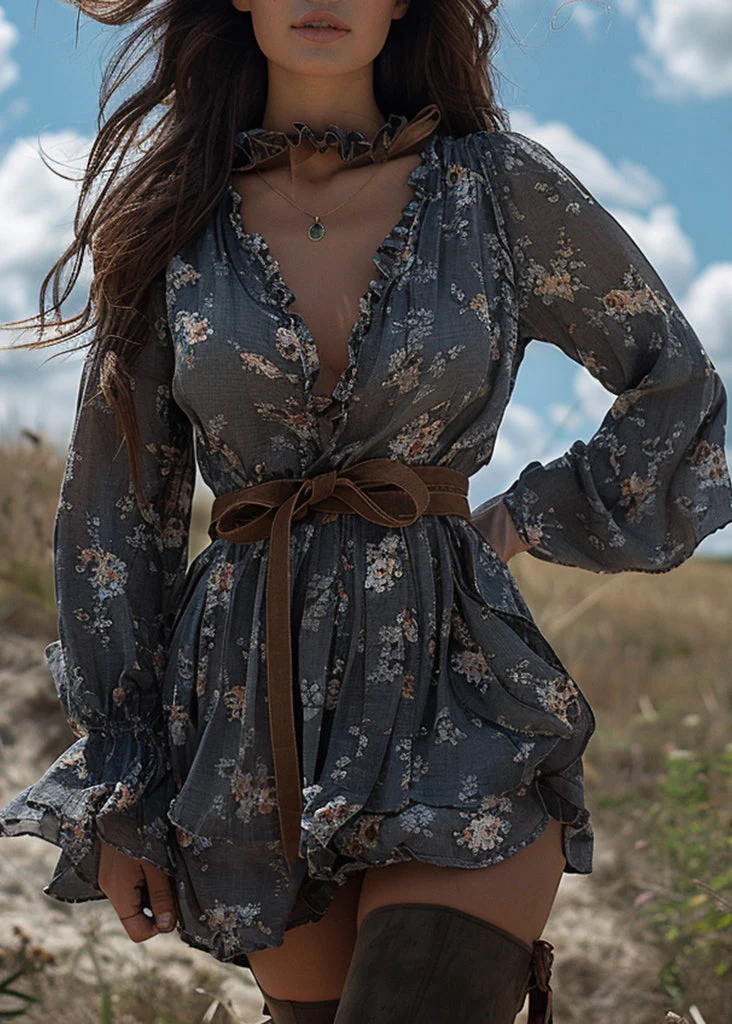Chic Grey Ruffled Print Patchwork Cotton Mini Dress Long Sleeve - Image 3