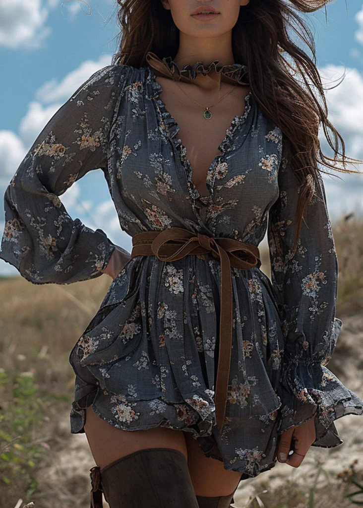 Chic Grey Ruffled Print Patchwork Cotton Mini Dress Long Sleeve - Image 5