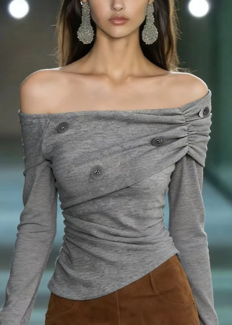 Chic Grey Slash Neck Fur Patchwork Sequins Cotton T Shirts Spring - Image 2