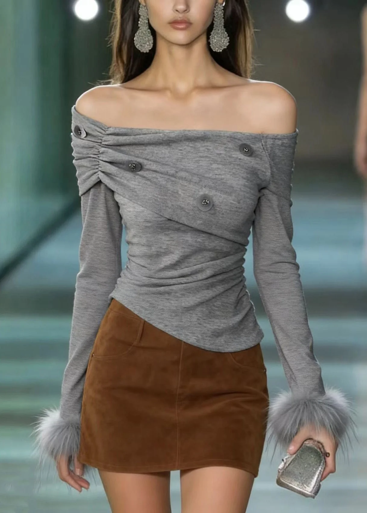 Chic Grey Slash Neck Fur Patchwork Sequins Cotton T Shirts Spring - Image 3
