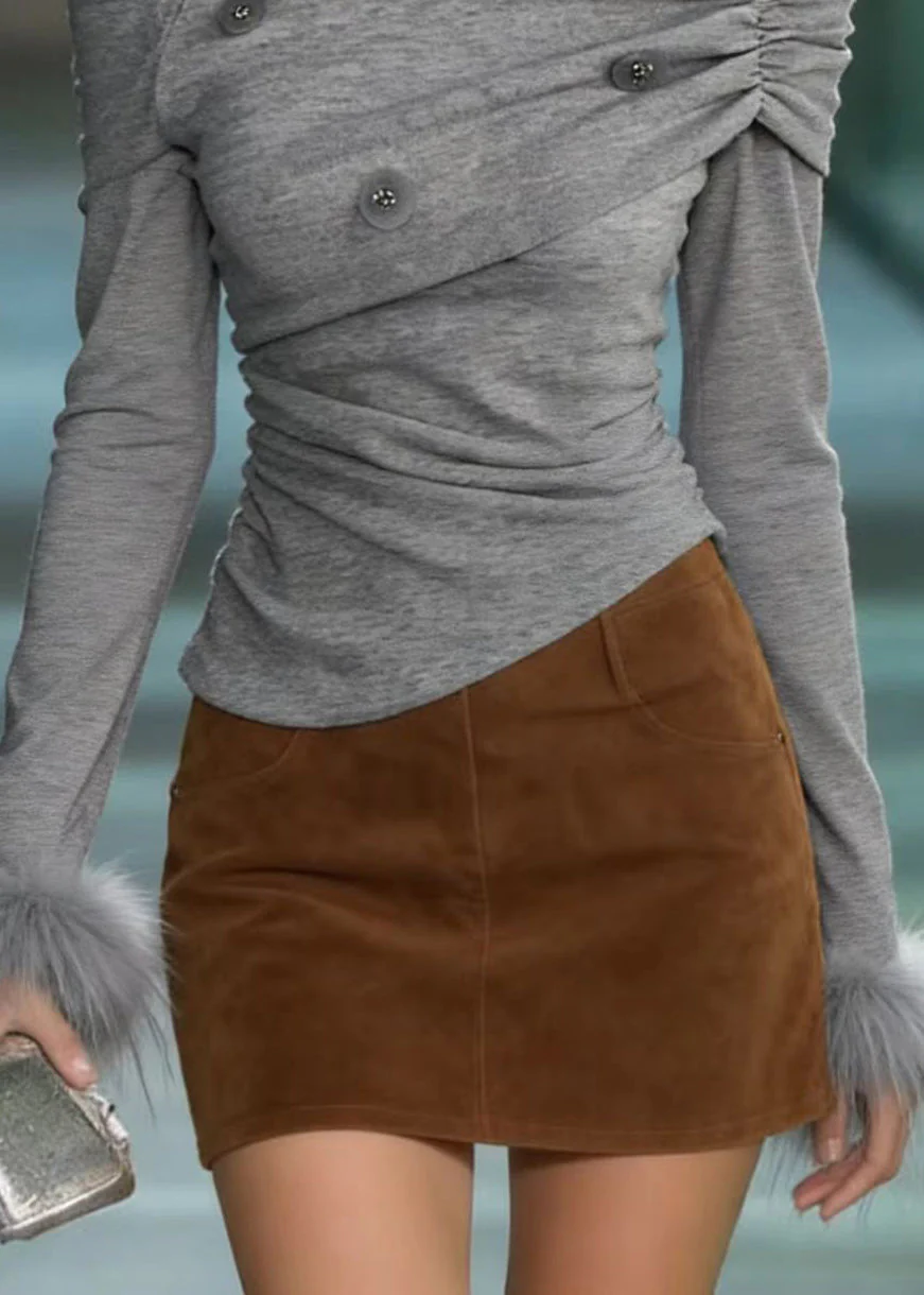 Chic Grey Slash Neck Fur Patchwork Sequins Cotton T Shirts Spring - Image 4