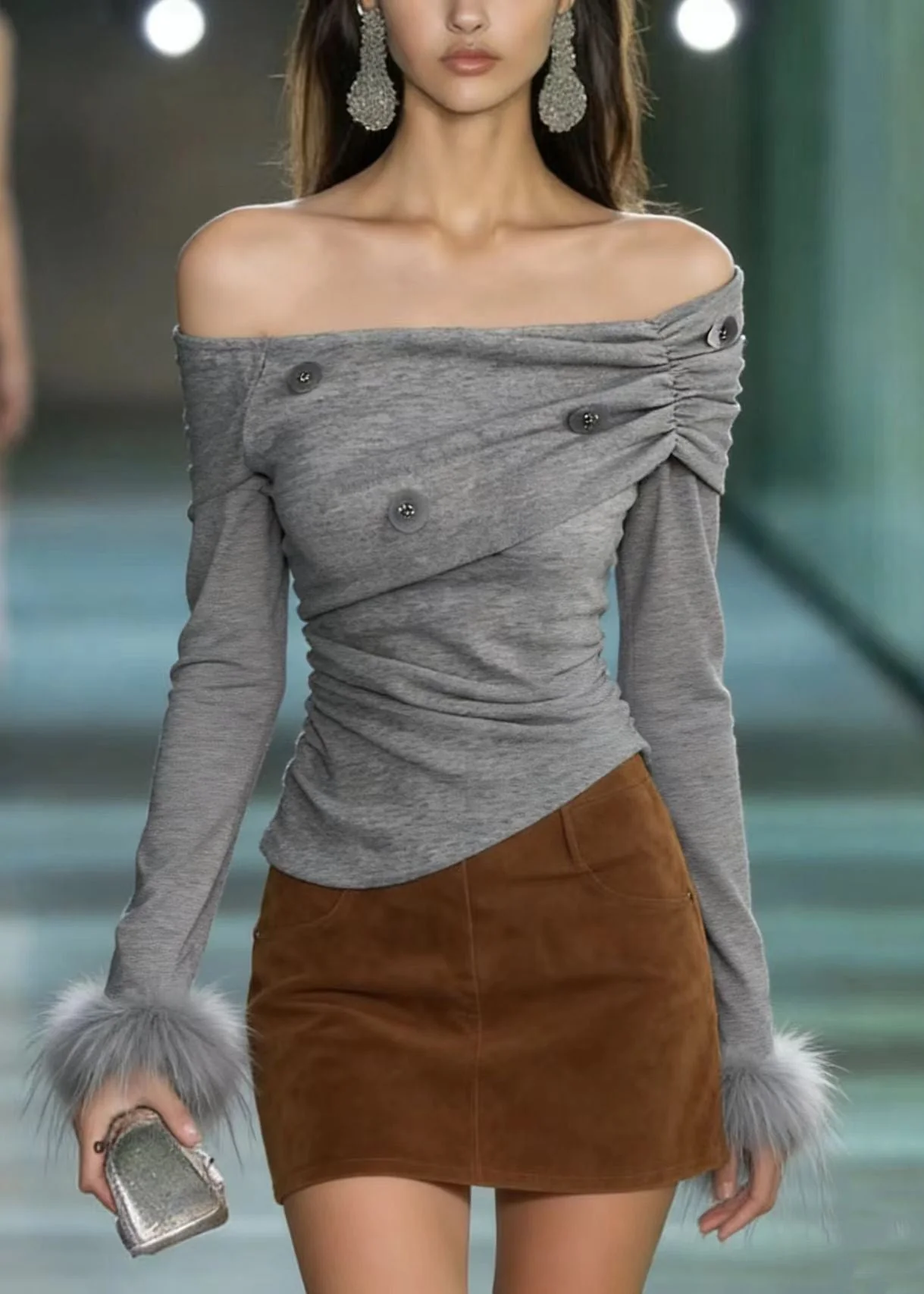 Chic Grey Slash Neck Fur Patchwork Sequins Cotton T Shirts Spring - Image 5