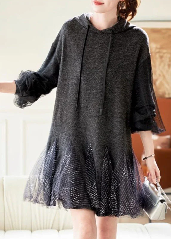 Chic Grey Tie Lace Tulle Patchwork Hooded Mid Dress Spring - Image 2