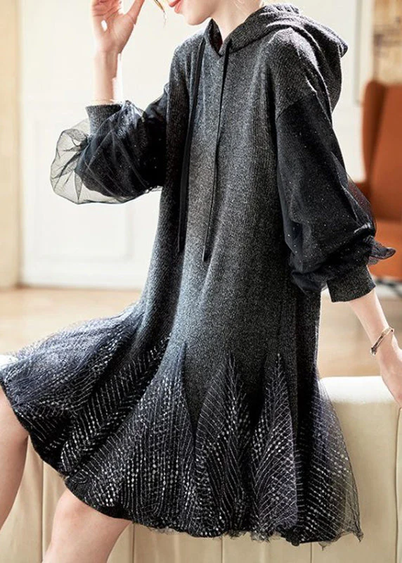 Chic Grey Tie Lace Tulle Patchwork Hooded Mid Dress Spring - Image 3