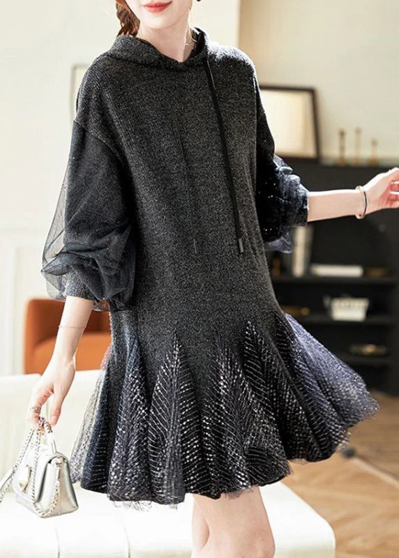 Chic Grey Tie Lace Tulle Patchwork Hooded Mid Dress Spring - Image 4