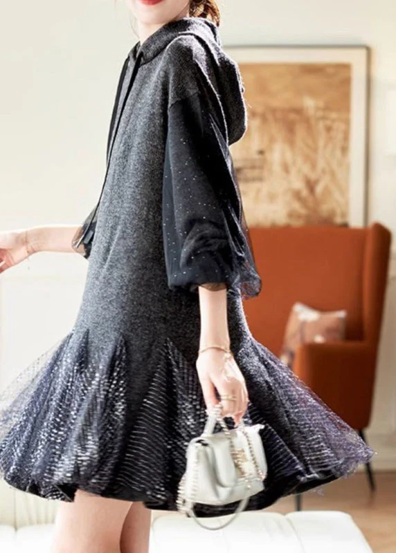 Chic Grey Tie Lace Tulle Patchwork Hooded Mid Dress Spring - Image 5