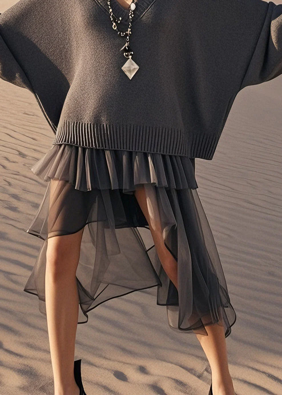 Chic Grey V Neck Tulle Wrinkled Patchwork Knit Sweater Dress Spring - Image 4