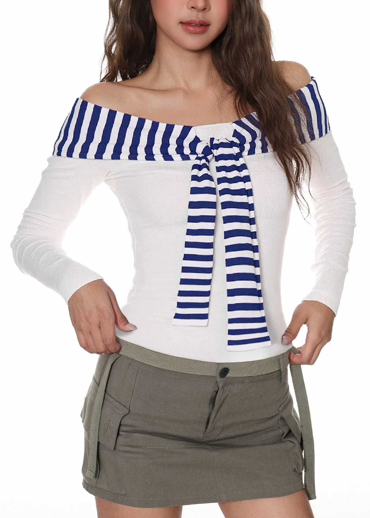 Chic Grey Yellow Striped Patchwork T Shirt Long Sleeve - Image 2