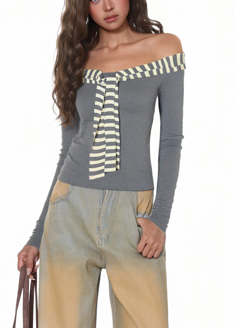 Chic Grey Yellow Striped Patchwork T Shirt Long Sleeve - Image 3
