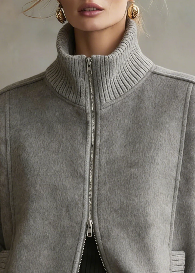 Chic Grey Zip Up Patchwork Woolen Coats Short Sleeve - Image 2