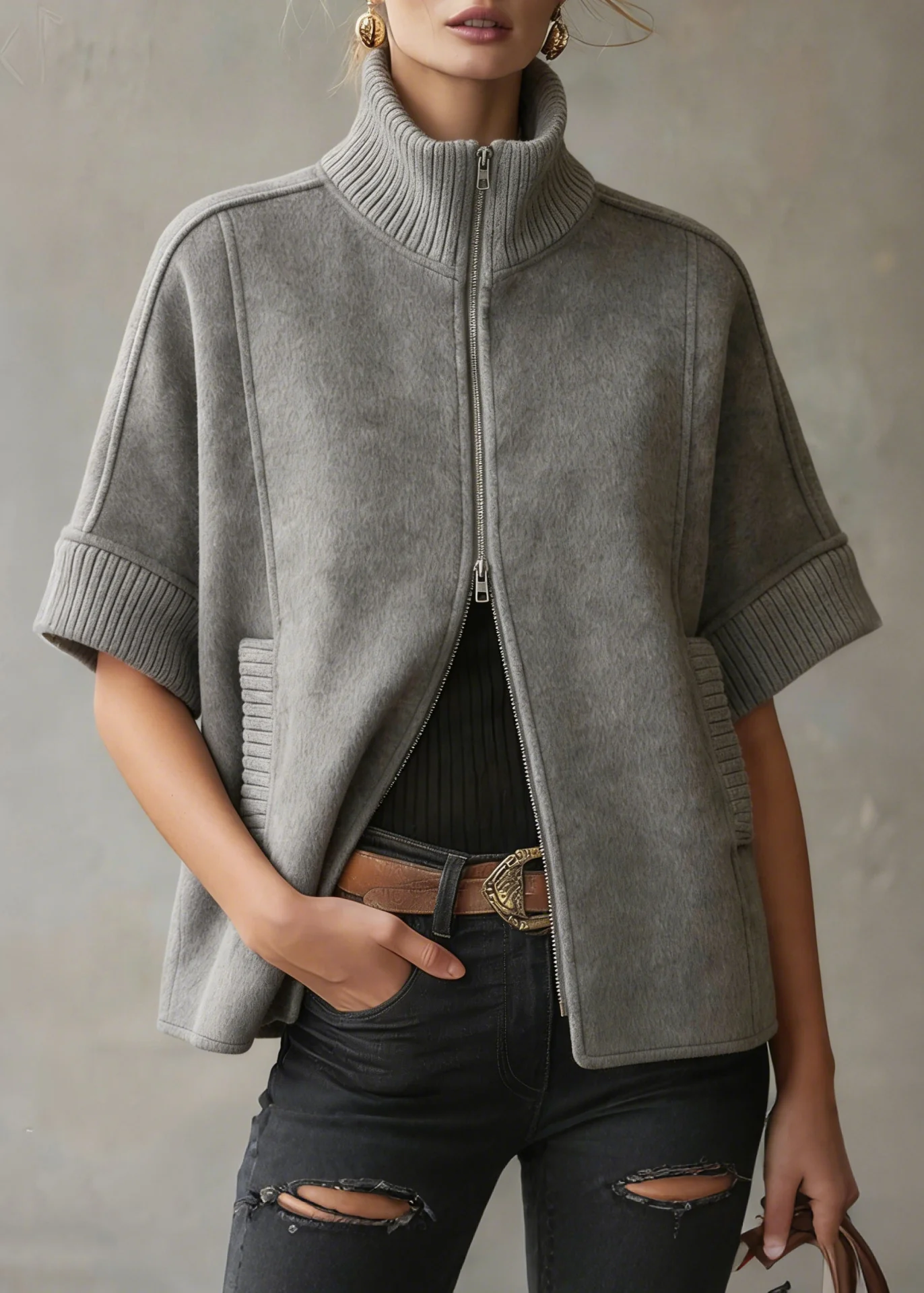 Chic Grey Zip Up Patchwork Woolen Coats Short Sleeve - Image 3