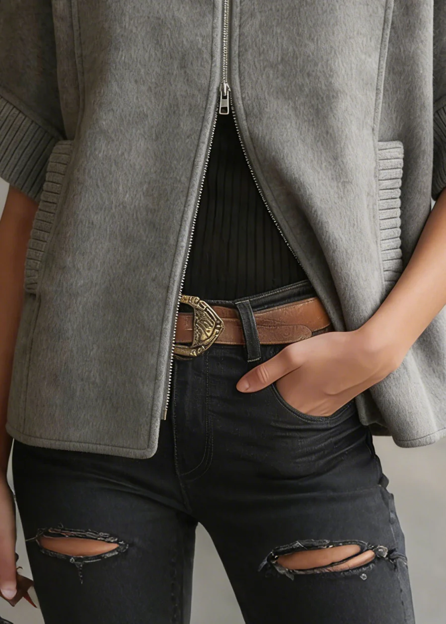 Chic Grey Zip Up Patchwork Woolen Coats Short Sleeve - Image 4