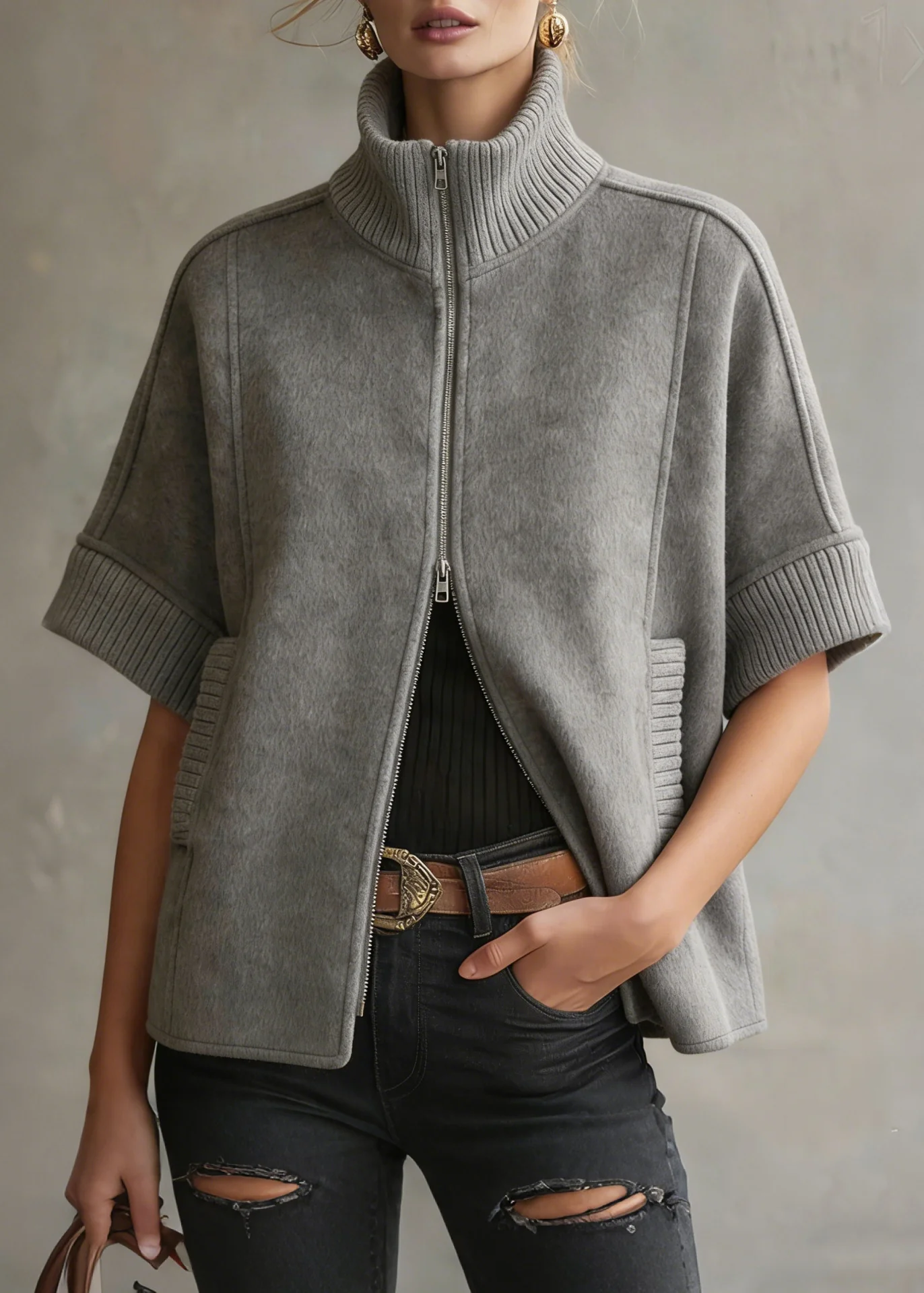 Chic Grey Zip Up Patchwork Woolen Coats Short Sleeve - Image 5