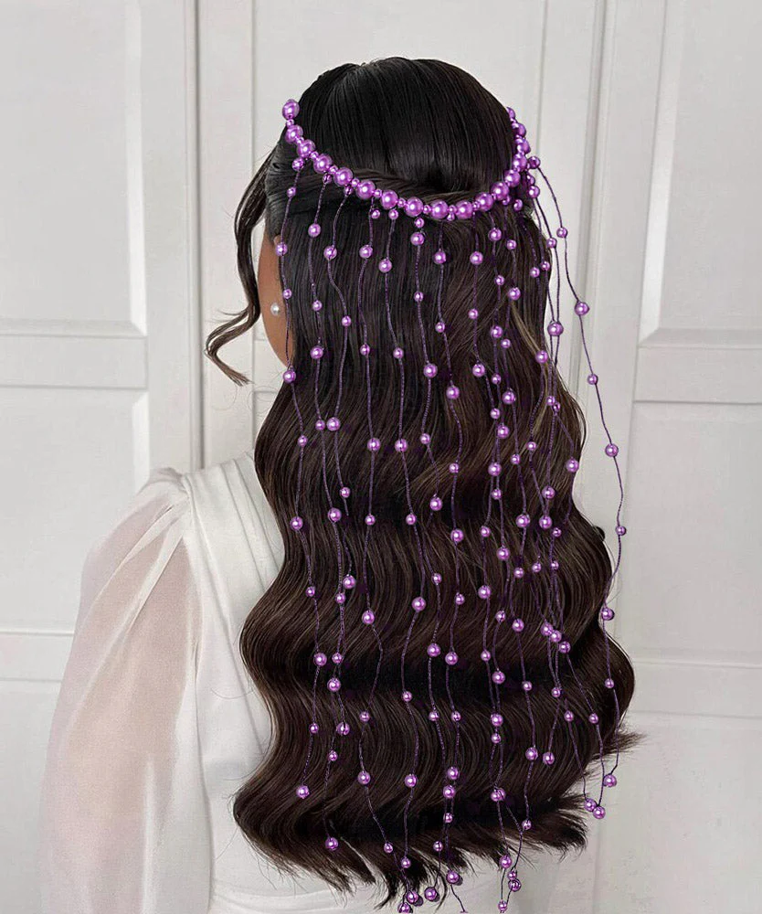 Chic Handmade Purple Pearl Tassel HairPiece - Image 3