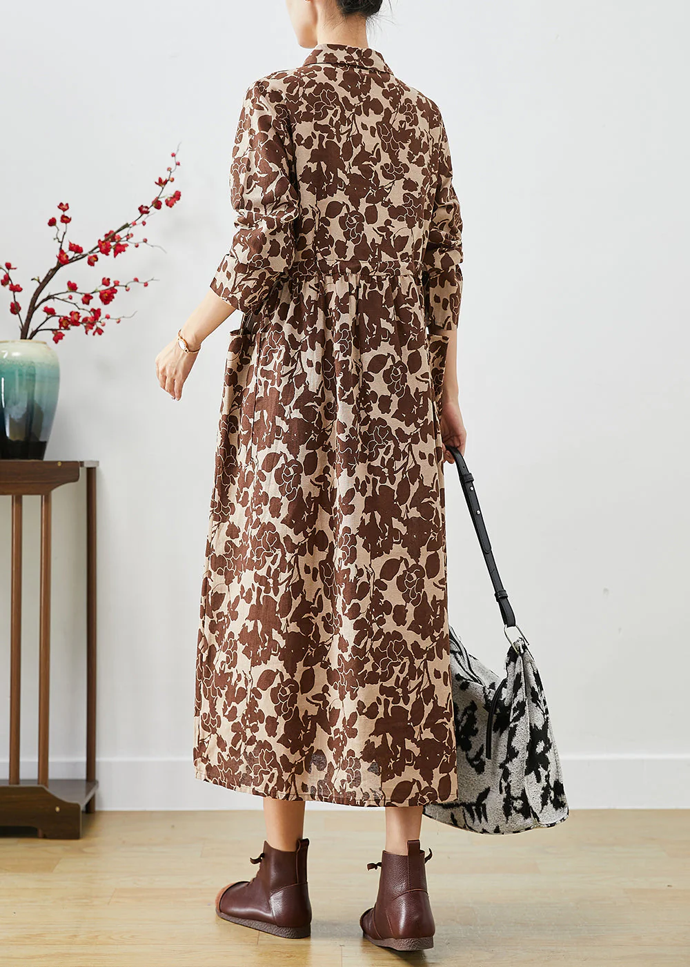 Chic Khaki Cinched Print Cotton Long Dresses Fall - Image 4