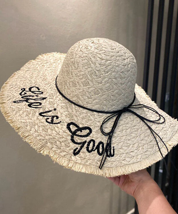 Chic Khaki Graphic Bow Straw Woven Floppy Sun Hat - Image 2