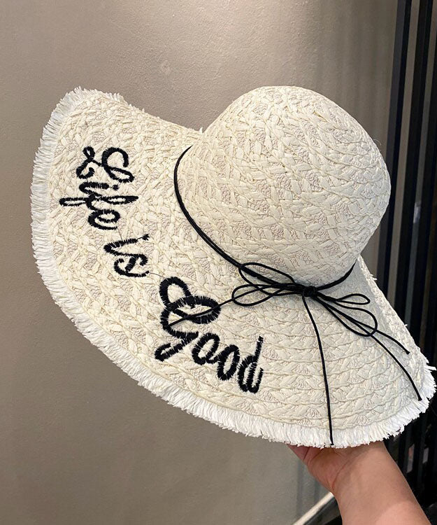 Chic Khaki Graphic Bow Straw Woven Floppy Sun Hat - Image 3