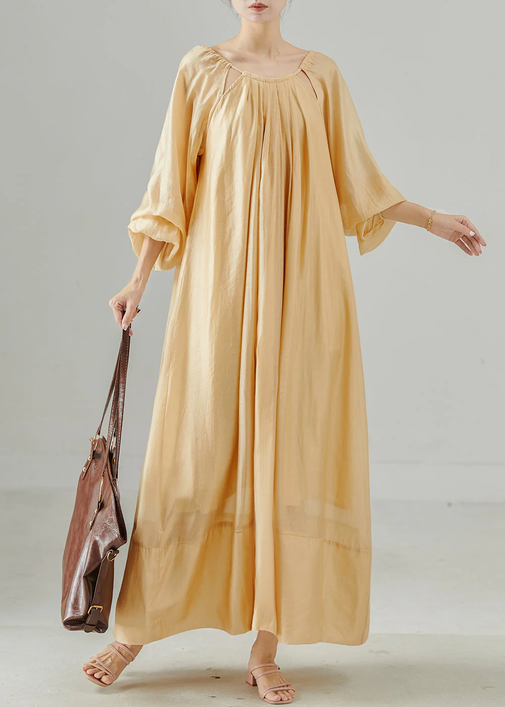 Chic Khaki Oversized Hollow Out Linen Dress Spring - Image 3