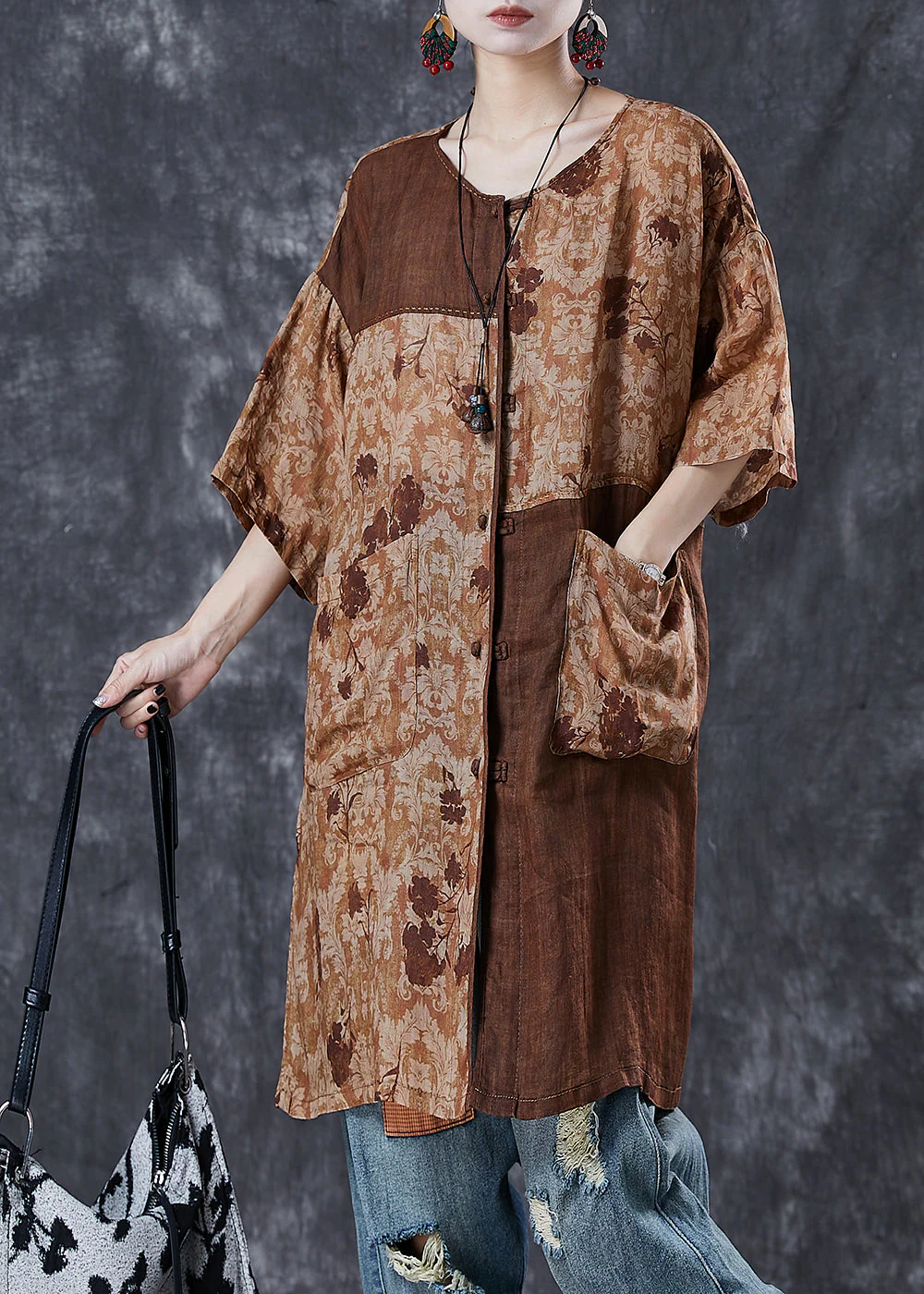 Chic Khaki Oversized Patchwork Linen Dresses Summer - Image 2