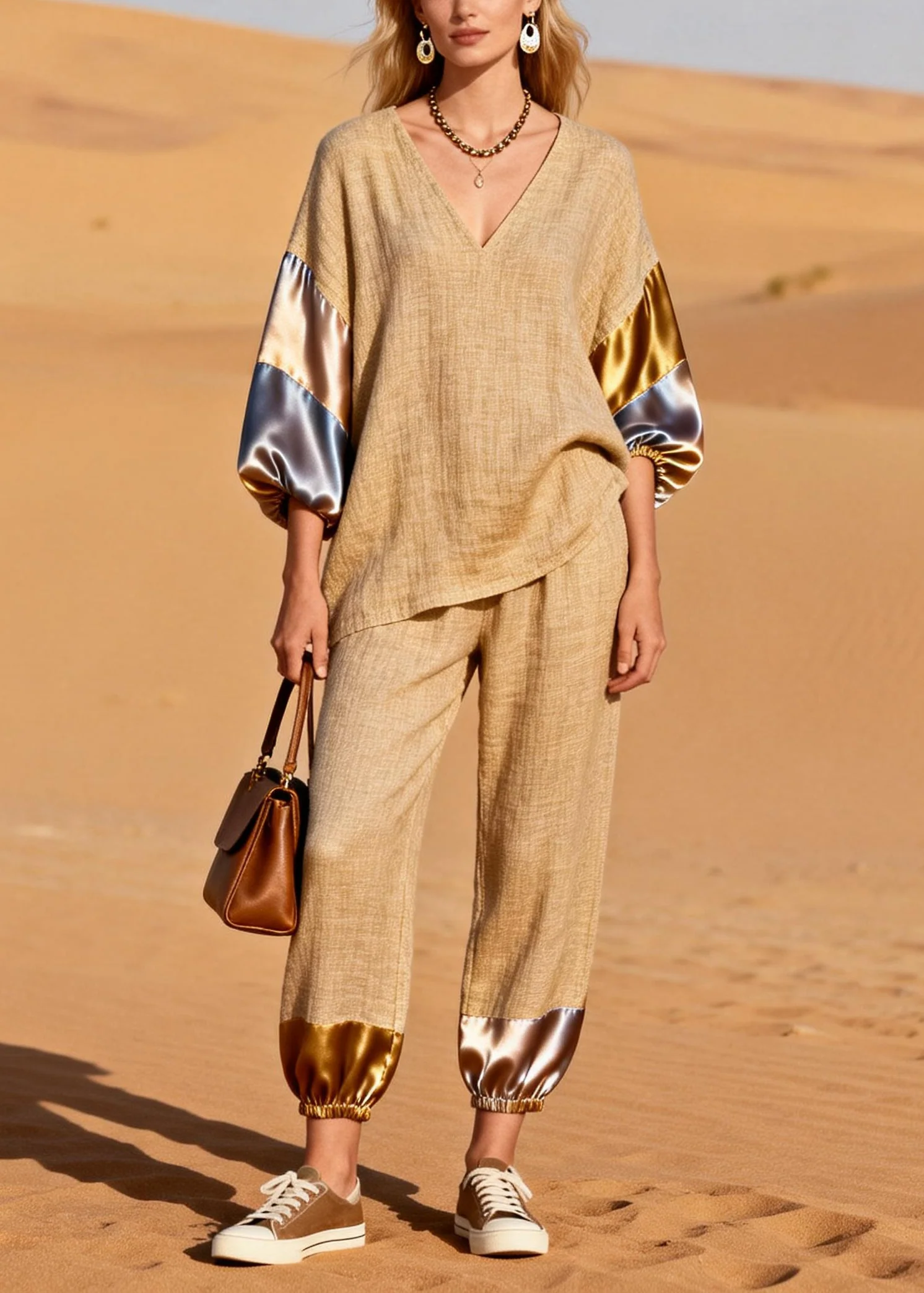Chic Khaki Oversized Patchwork Linen Two Pieces Set Spring