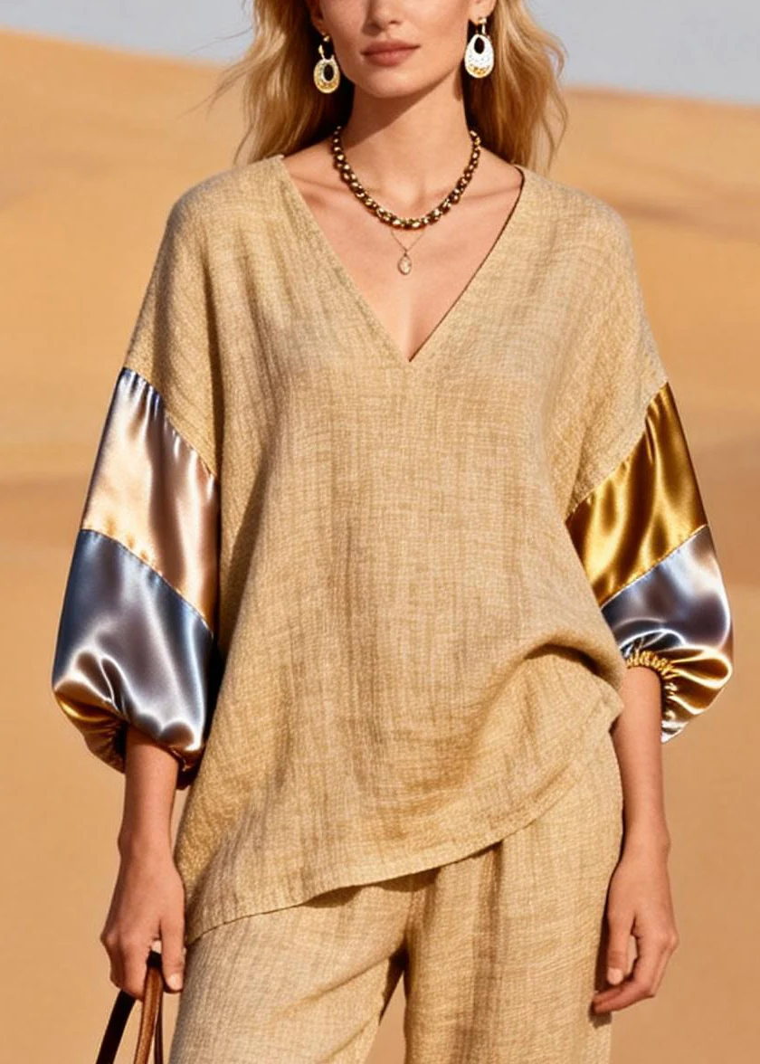 Chic Khaki Oversized Patchwork Linen Two Pieces Set Spring - Image 2