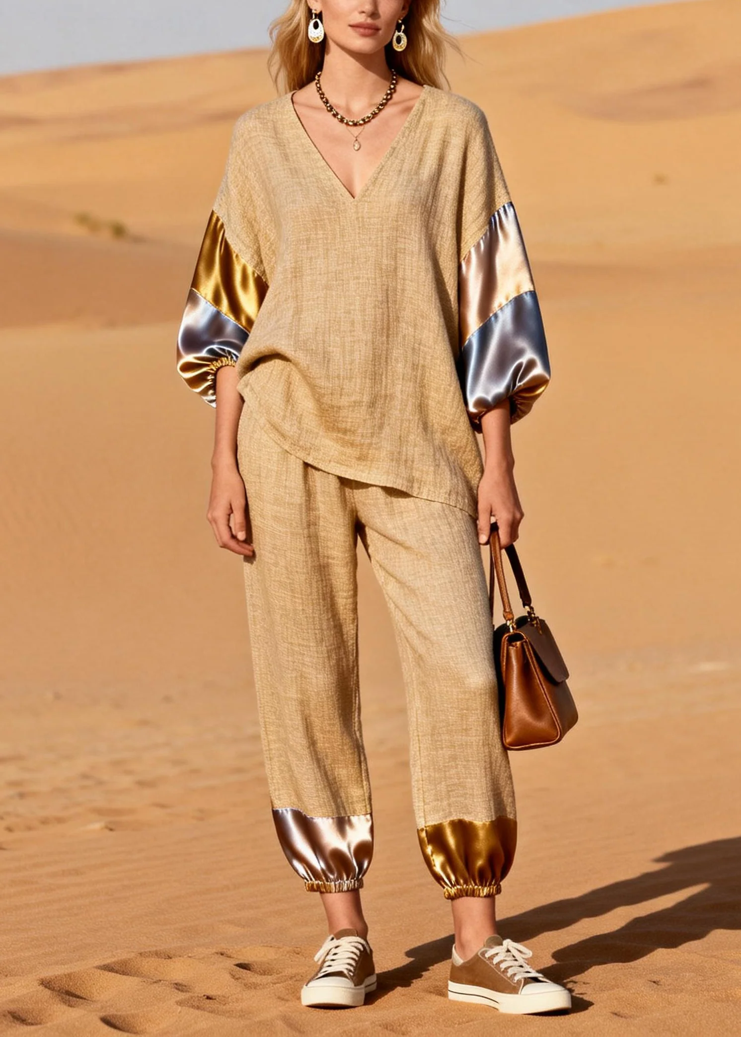 Chic Khaki Oversized Patchwork Linen Two Pieces Set Spring - Image 3