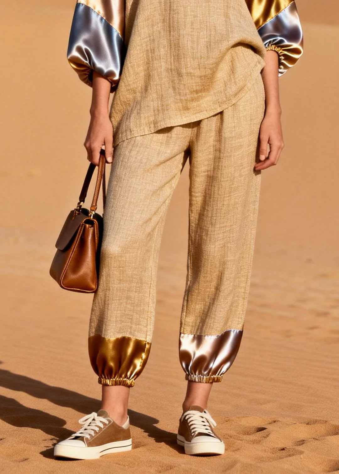 Chic Khaki Oversized Patchwork Linen Two Pieces Set Spring - Image 4