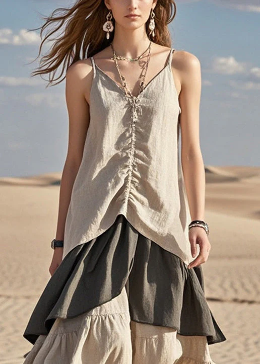 Chic Khaki Patchwork Wrinkled Cotton Spaghetti Strap Dress Summer - Image 2