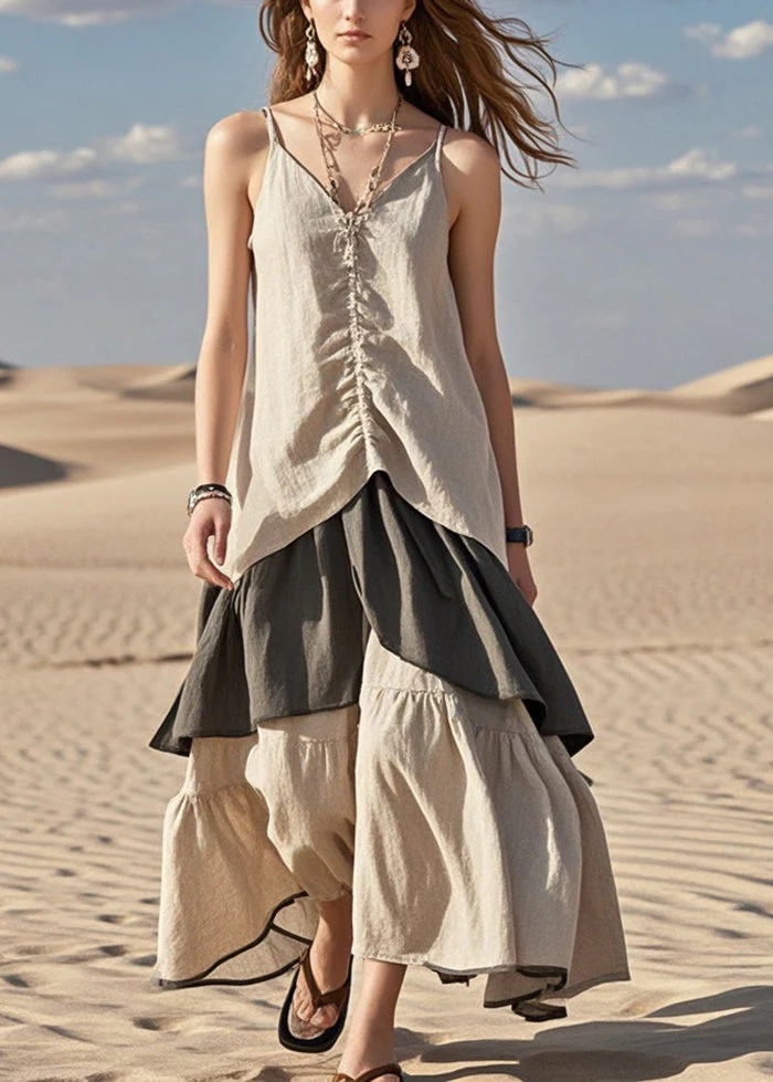 Chic Khaki Patchwork Wrinkled Cotton Spaghetti Strap Dress Summer - Image 3