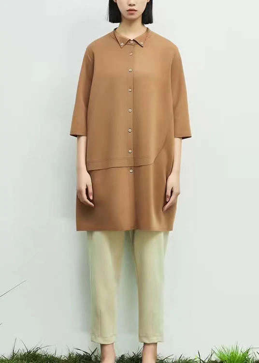 Chic Khaki Peter Pan Collar Asymmetrical Patchwork Cotton Dresses Spring - Image 2