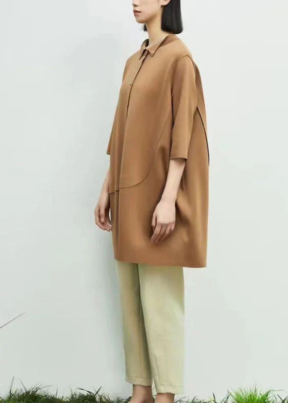 Chic Khaki Peter Pan Collar Asymmetrical Patchwork Cotton Dresses Spring - Image 4