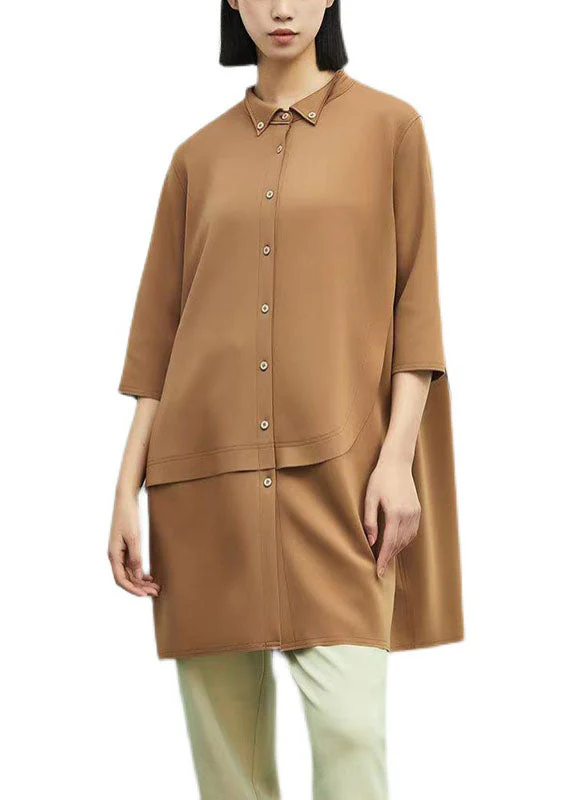 Chic Khaki Peter Pan Collar Asymmetrical Patchwork Cotton Dresses Spring - Image 5