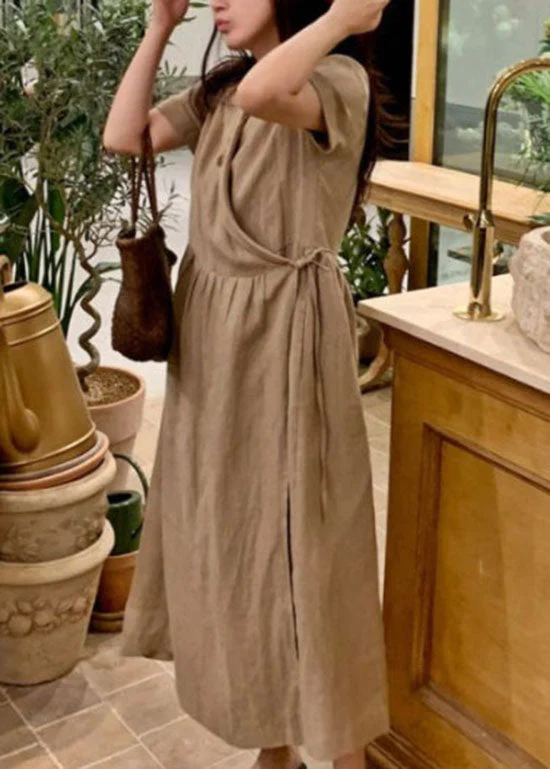 Chic Khaki Peter Pan Collar Patchwork Linen Long Dress Short Sleeve - Image 2