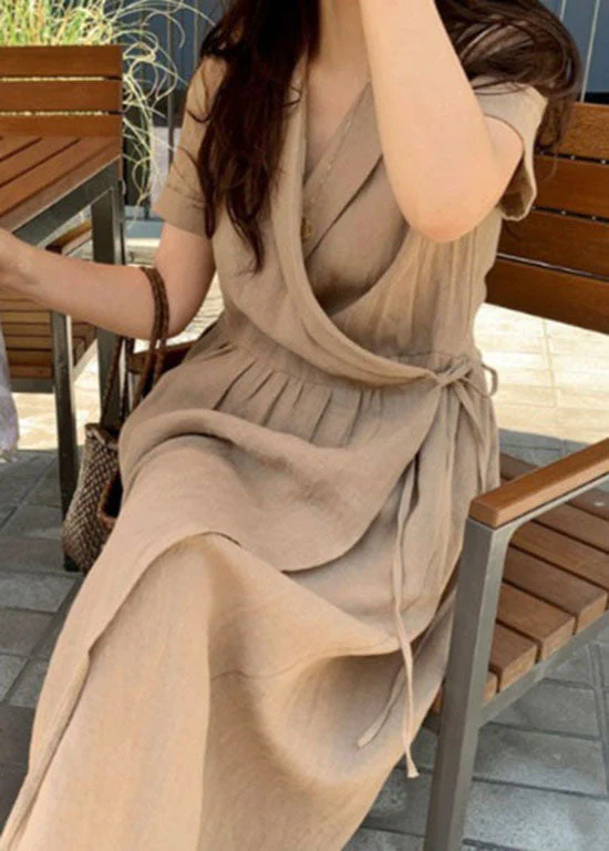 Chic Khaki Peter Pan Collar Patchwork Linen Long Dress Short Sleeve - Image 3
