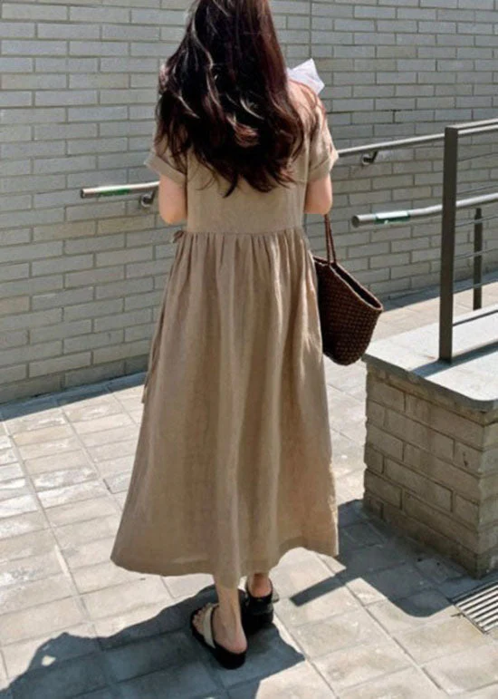 Chic Khaki Peter Pan Collar Patchwork Linen Long Dress Short Sleeve - Image 4