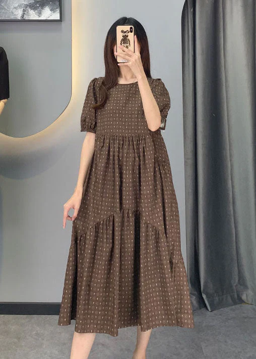 Chic Khaki Puff Sleeve Patchwork Print Cotton Dresses - Image 2