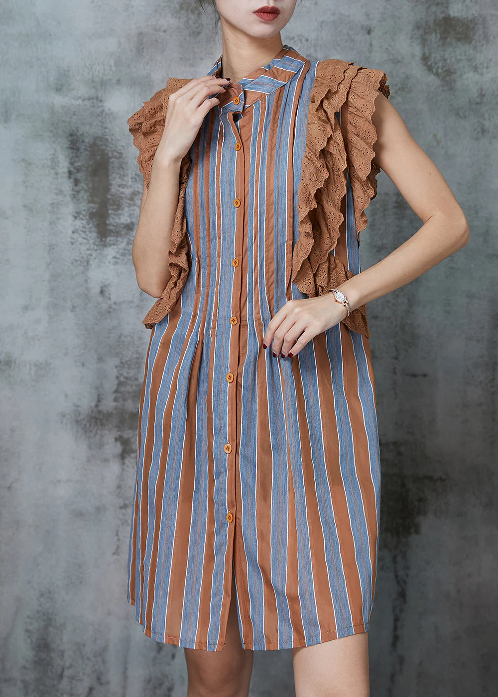 Chic Khaki Striped Patchwork Ruffles Cotton Mini Dress Sleeveless - Image 2