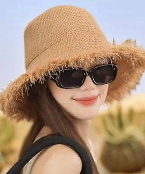 Chic Khaki Tassel Straw Woven Floppy Sun Hat - Image 4