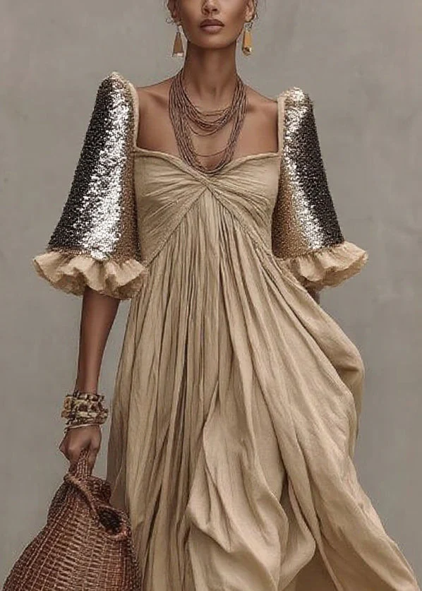 Chic Khaki Wrinkled Patchwork Maxi Dresses Short Sleeve - Image 2