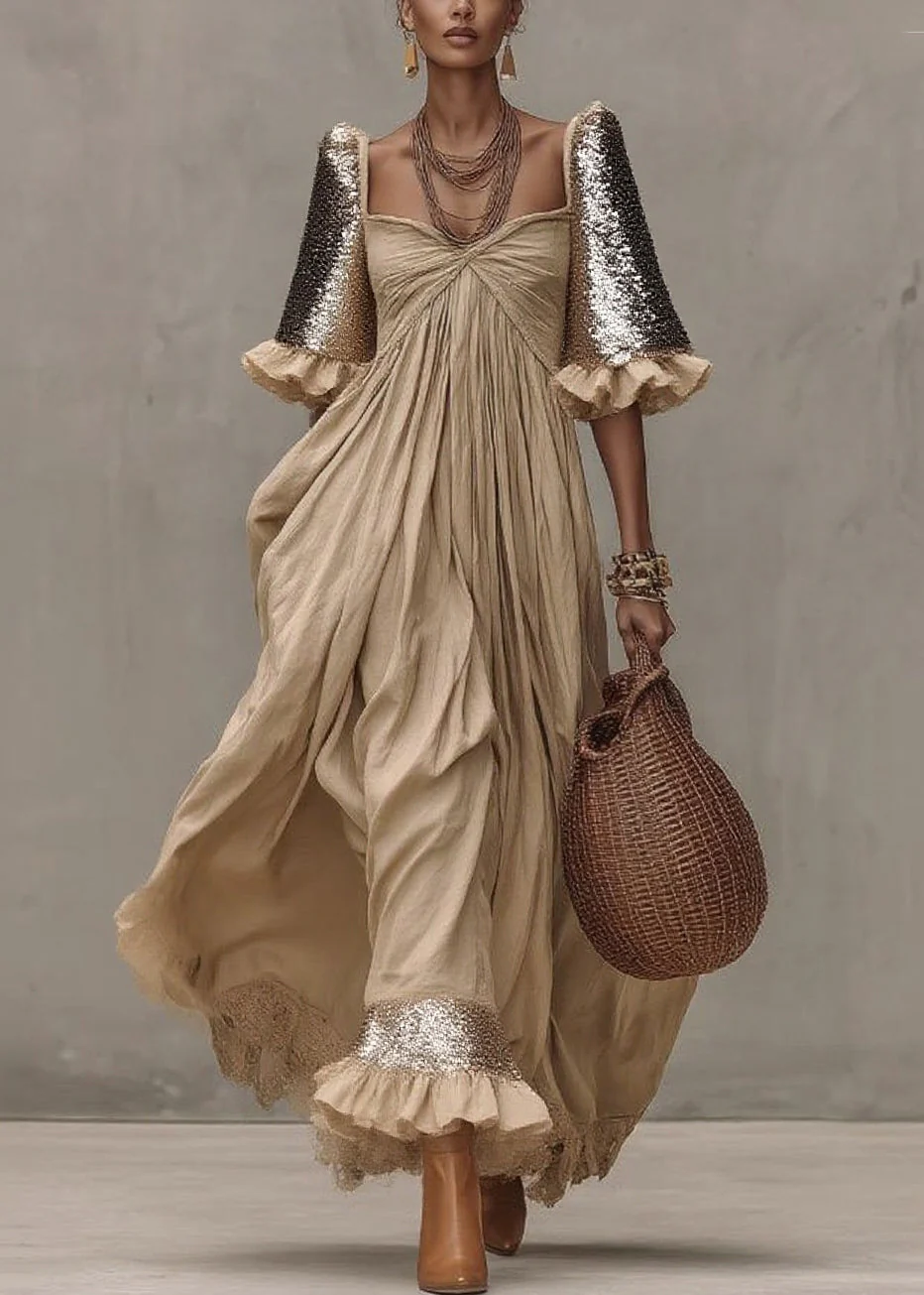 Chic Khaki Wrinkled Patchwork Maxi Dresses Short Sleeve - Image 3