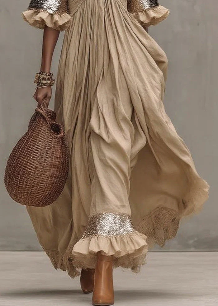Chic Khaki Wrinkled Patchwork Maxi Dresses Short Sleeve - Image 4