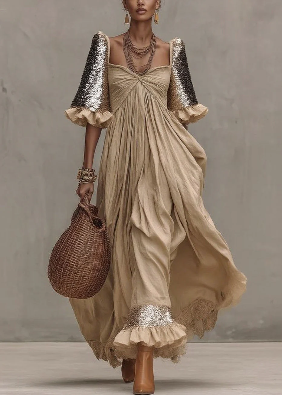 Chic Khaki Wrinkled Patchwork Maxi Dresses Short Sleeve - Image 5