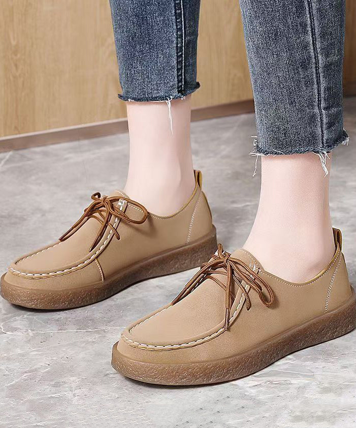 Chic Lace Up Flat Feet Shoes Brown Faux Leather - Image 2