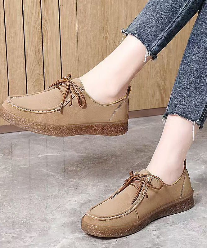 Chic Lace Up Flat Feet Shoes Brown Faux Leather - Image 3
