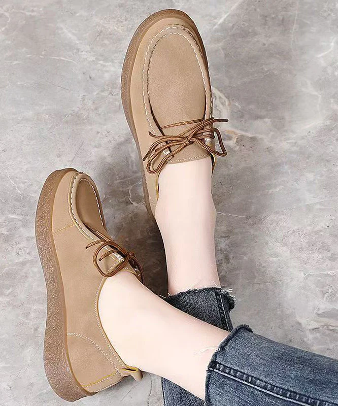 Chic Lace Up Flat Feet Shoes Brown Faux Leather - Image 4