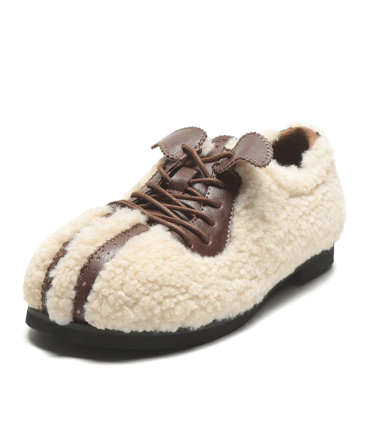 Chic Lace Up Splicing Flat Feet Shoes Beige Fuzzy Fur - Image 5