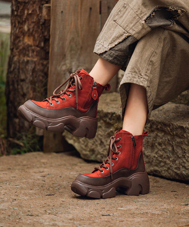 Chic Lace Up Splicing Platform Boots Red Cowhide Leather