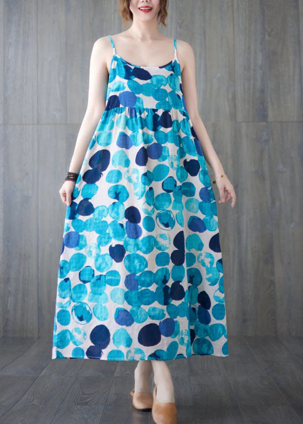 Chic Lake Blue Backless Dot Print Linen Spaghetti Strap Dresses Sleeveless - Image 3